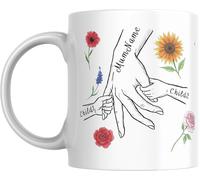 Personalised Mum & Children Holding Hands Mug - Custom Names Mother Child Hand Line Drawing Floral Mug - Gift for Mum, Mummy, Mother, Mam or Mama - Up to 3 Children - Add Matching Card or Coaster