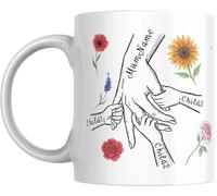 Personalised Mum & Children Holding Hands Mug - Custom Names Mother Child Hand Line Drawing Floral Mug - Gift for Mum, Mummy, Mother, Mam or Mama - Up to 3 Children - Add Matching Card or Coaster