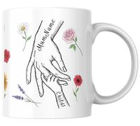 Personalised Mum & Children Holding Hands Mug - Custom Names Mother Child Hand Line Drawing Floral Mug - Gift for Mum, Mummy, Mother, Mam or Mama - Up to 3 Children - Add Matching Card or Coaster