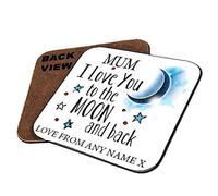 Personalised Mum I Love You to The Moon and Back Coaster, Tableware, Drinks Coaster, Office Desk Coffee-Tea Coaster Birthday Present. (Square Coaster MDF)