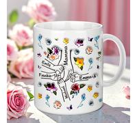 Personalised Mum Mug, Mother's Day Customised 2D Flowers Coffee Cup with Kids Names, Best Mum Ever Gift from Daughter Son, Christmas, Birthday Gifts Idea - You Hold Our Hand Also Our Heart