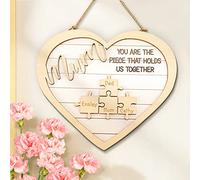 Personalised Mum You Are the Piece that Holds Us Together Puzzle Sign Heart Mum Plaque Custom Mum Sign with Kids Names Customised Mother's Day Birthday Gifts for Mum Grandma from Daughter and Son