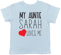 Personalised My Auntie Any Name Loves Me Short Sleeve Kids Childrens Boys Girls T-Shirt Light Blue, Customised Tee Shirt Birthday Gift Idea for Niece Nephew from Aunty Aunt
