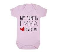Personalised my Auntie name loves me (love heart style) for niece, nephew [BBY7] baby grow vest, 6-12 months, Pastel Pink