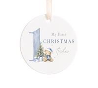 Personalised My First Christmas 2026 Ceramic Ornament - Baby Boy Christmas Tree Decoration, Blue Teddy Name Keepsake, 7 x 7cm with Ribbon & Optional White Gift Box (Round Bauble ONLY)
