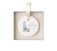 Personalised My First Christmas 2026 Ceramic Ornament - Baby Boy Christmas Tree Decoration, Blue Teddy Name Keepsake, 7 x 7cm with Ribbon & Optional White Gift Box (Round Bauble & White Box)