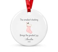 Personalised My First Christmas Ceramic Round Bauble - Pink Stocking | Optional Box, Christmas Decoration, Tree Ornament, Baby's First Xmas