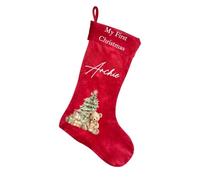 Personalised My First Christmas Sack or Stocking with Name - Teddy Bear, Christmas Tree & Presents Design, Velvet Xmas Present Bag, Pink Blue White Grey or Cream (Stocking: Red)