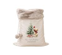 Personalised My First Christmas Santa Sack - Large 50 x 70cm Velvet Christmas Sack with Name, Cute Teddy Bear & Christmas Tree Design, Baby Toddler Kids Xmas Gift Bag (Ivory: Fur Trim)