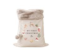 Personalised My First Christmas Santa Sack - Large 50 x 70cm Velvet Christmas Sack with Name, Festive Wreath Reindeer Gingerbread Design, Baby Toddler Kids Xmas Gift Bag (Ivory: Fur Trim)