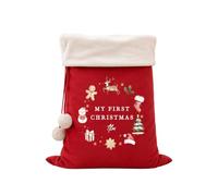 Personalised My First Christmas Santa Sack - Large 50 x 70cm Velvet Christmas Sack with Name, Festive Wreath Reindeer Gingerbread Design, Baby Toddler Kids Xmas Gift Bag (Red: Fur Trim)