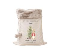 Personalised My First Christmas Santa Sack or Stocking - Cute Christmas Bunny & Tree Design with Name and Message, Large 50 x 70cm Velvet Xmas Sack, Red or Cream (Sack Ivory: Fur Trim)