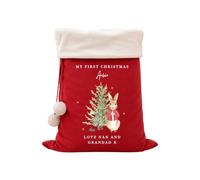 Personalised My First Christmas Santa Sack or Stocking - Cute Christmas Bunny & Tree Design with Name and Message, Large 50 x 70cm Velvet Xmas Sack, Red or Cream (Sack Red: Fur Trim)