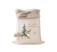 Personalised My First Christmas Santa Sack or Stocking - Teddy Bear & Christmas Tree Design with Name, Large 50 x 70cm Velvet Xmas Present Sack, Red or Cream (Sack Ivory: Fur Trim)