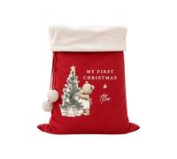 Personalised My First Christmas Santa Sack or Stocking - Teddy Bear & Christmas Tree Design with Name, Large 50 x 70cm Velvet Xmas Present Sack, Red or Cream (Sack Red: Fur Trim)