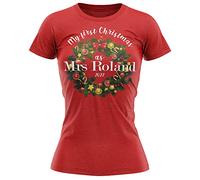 Personalised My First Christmas Wreath as Mrs T Shirt Unisex Funny Festive Door Wreath Xmas Decorations Ugly Tee Gifts for Women, XXL, Red