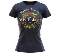 Personalised My First Christmas Wreath as Mrs T Shirt Unisex Funny Festive Door Wreath Xmas Decorations Ugly Tee Gifts for Women, M, Navy