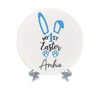 Personalised My First Easter Ceramic Gift Plaque With Stand Custom Decoration Keepsake Bunny Rabbit Ornament Baby Girls Boys 1st Easter Sign Memorable Gifts (BLUE)