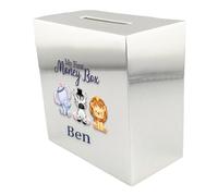 Personalised My First Money Box Silver-Plated Square Baby Gift Boy Girl Bank Selection Of Design Available (UV PRINTED) (Design 001)