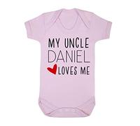 Personalised my Uncle name loves me (love heart style) for niece, nephew [BBY7] baby grow vest, 3-6 months, Pastel Pink