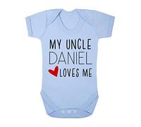 Personalised my Uncle name loves me (love heart style) for niece, nephew [BBY7] baby grow vest, 6-12 months, Pastel Blue
