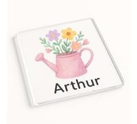 Personalised Name Acrylic Coaster Gift Featuring Whimsical Watering Can - Whimsy Bloom Kids Party Favor Delightful Table Decor