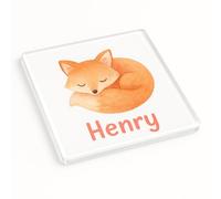 Personalised Name Acrylic Coaster Gift with Dreamy Fox Design - Whimsical Child's Room Decor for Kids' Parties and Playful Home Setting