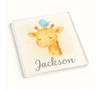 Personalised Name Acrylic Coaster Gift with Whimsical Giraffe & Bird Design - Giraffe Serenade Kids Party Decor & Imagination Sparker