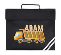 Personalised Name and Inital Truck Book Bag for Kids Watercolour Construction Worker Return to School Nursery Boys Girls Bag, One Size, Black