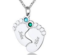 Personalised Name Baby Feet Necklace Mom Necklace with 2 Birthstone and 2 Names Engraved Pendant for Family New Mum Daughter