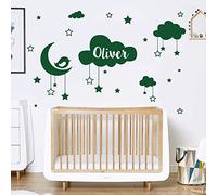 Personalised Name Baby Wall Sticker - Clouds, Stars, Moon & Bird [Large] [Forest]