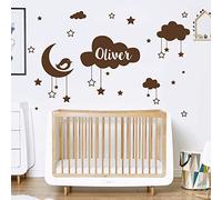 Personalised Name Baby Wall Sticker - Clouds, Stars, Moon & Bird [Medium] [Chocolate]