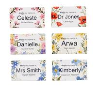 Personalised Name Badge - Floral Hello My Name is Large Job Title Tag for Her - 3.4 x 2.1 inch - Gloss White Aluminium Material with Pin or Magnetic Attachment