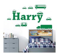 Personalised Name Boys Wall Art Sticker - Cartoon Trucks, Cars, Bus, Caravan, Taxi Set [Large] [Meadow]