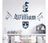 Personalised Name Boys Wall Art Sticker - Knight, Sword, Armour, Trumpet, Arms, Shield [Medium] [Cobalt]