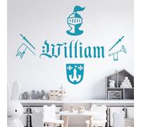 Personalised Name Boys Wall Art Sticker - Knight, Sword, Armour, Trumpet, Arms, Shield [Medium] [Sky]