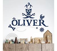 Personalised Name Boys Wall Art Sticker - Pirates, Skull, Ocean, Treasure Map, Sailor, Sea Adventure [Large] [Cobalt]