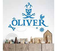 Personalised Name Boys Wall Art Sticker - Pirates, Skull, Ocean, Treasure Map, Sailor, Sea Adventure [Medium] [Ocean]