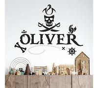 Personalised Name Boys Wall Art Sticker - Pirates, Skull, Ocean, Treasure Map, Sailor, Sea Adventure [Medium] [Black]