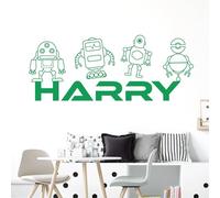 Personalised Name Children Boys Wall Art Sticker - Mechanical Toy Robots [Large] [Cactus]