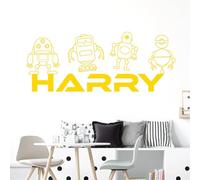 Personalised Name Children Boys Wall Art Sticker - Mechanical Toy Robots [Large] [Medium Yellow]