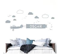 Personalised Name Children Plane Wall Art Sticker - Plane with Ribbon Flying Through The Cloudy Sky, Birds [Large] [Silver]