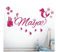 Personalised Name Children Wall Art Sticker - Disney Little Mermaid, Ocean, Castle, Starfish [Large] [Magenta]