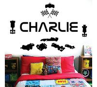 Personalised Name Children Wall Art Sticker - Racing Driver Formula 1 Cars Sport [Large] [Black]
