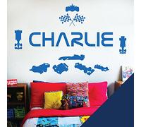 Personalised Name Children Wall Art Sticker - Racing Driver Formula 1 Cars Sport [Medium] [Cobalt]