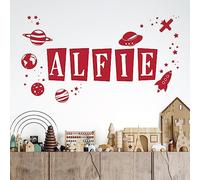 Personalised Name Children Wall Art Sticker - Space Theme, Planets, Stars, Earth, Rocket, UFO [Large] [Cherry]