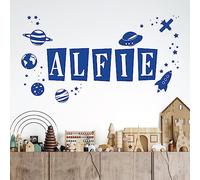 Personalised Name Children Wall Art Sticker - Space Theme, Planets, Stars, Earth, Rocket, UFO [Large] [Mid Blue]