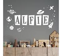 Personalised Name Children Wall Art Sticker - Space Theme, Planets, Stars, Earth, Rocket, UFO [Medium] [White]
