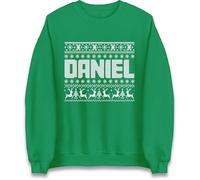 Personalised Name Christmas Reindeer Pattern Jumper for Festive Season | Custom Knit Style Holiday Design | Funny Xmas Gift Idea for Him or Her | Family Matching Winter Wear Sweatshirt Kelly Green