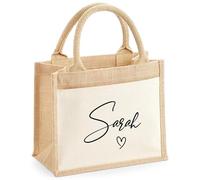 Personalised Name Cotton Pocket Love Printed Jute Shopper Bag - Eco-Friendly Custom Tote Bag with Name and Cotton Canvas, Durable Handles - Ideal for Shopping, Work and Travel,(Natural, S)